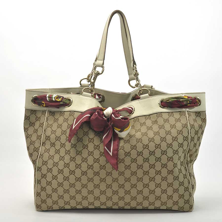 Auth GUCCI Positano Scarf Tote Bag Beige x Ivory GG Canvas x Leather - 27072 | eBay