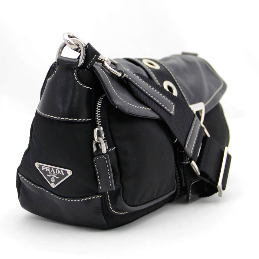 Auth PRADA Triangle Logo Plate Shoulder Bag Black Nylon x Leather - 28624 | eBay